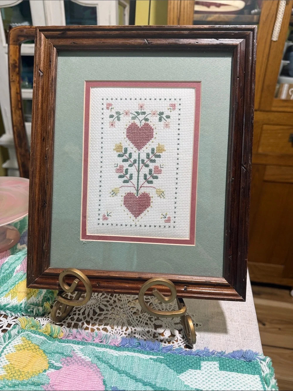 Vintage wooden heart needlepoint picture framed
